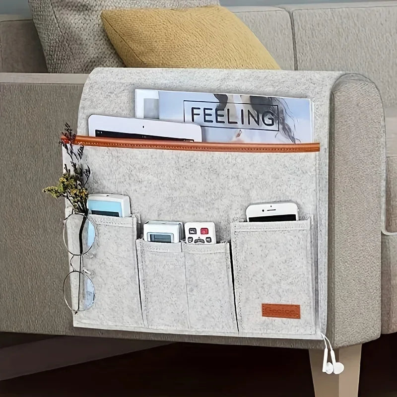 Felt organizer mounted on bed frame
